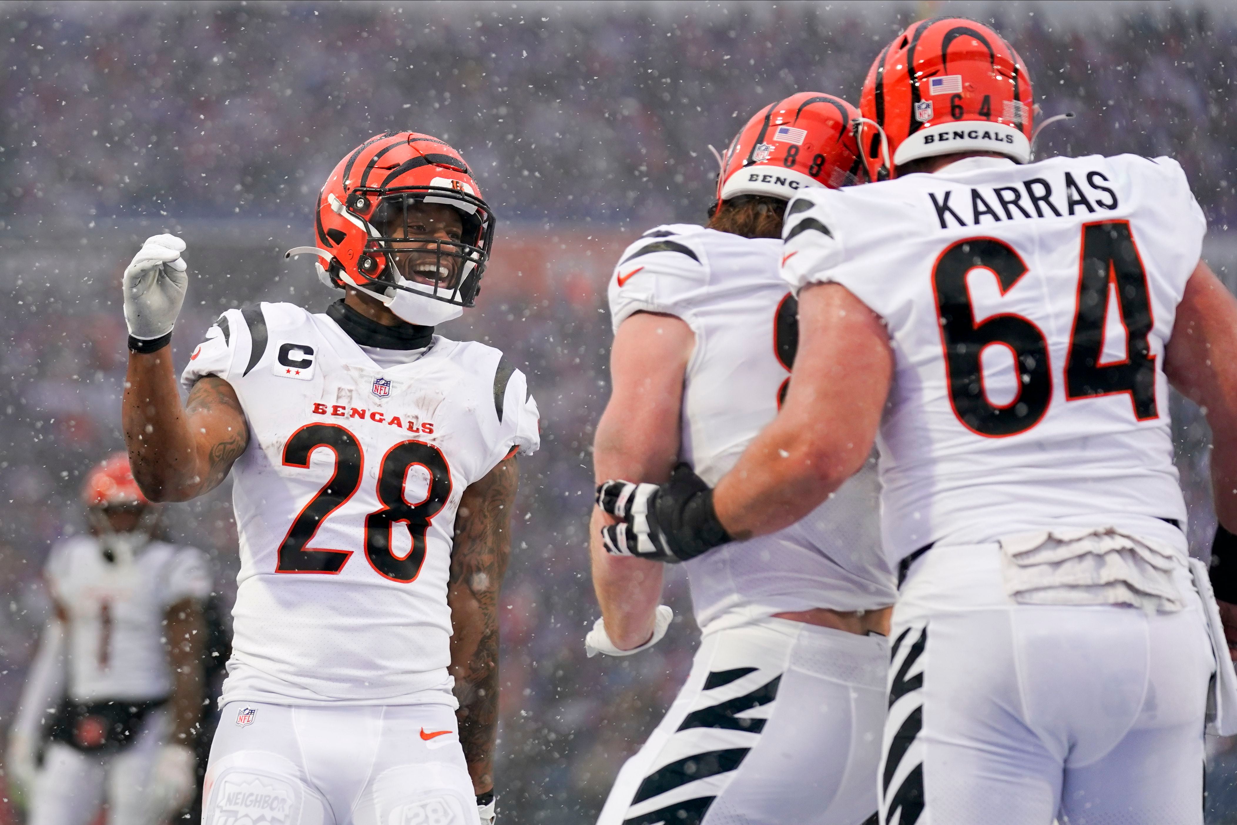 Cincinnati Bengals tight end Hayden Hurst (88) reacts after scoring a  touchdown against the Buffalo Bills during the first quarter of an NFL  division round football game, Sunday, Jan. 22, 2023, in