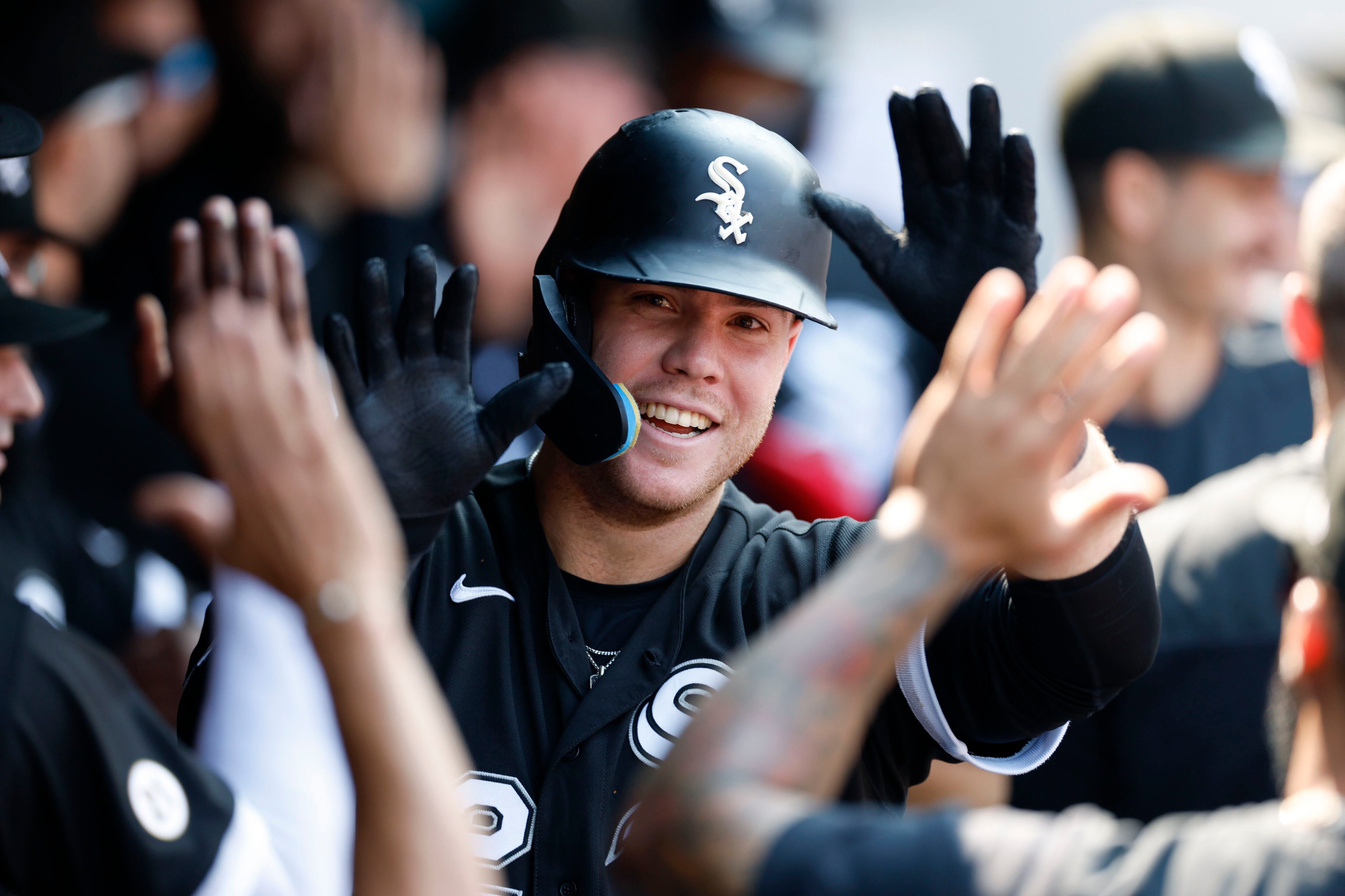 Chicago White Sox's Gavin Sheets (32) celebrates with Elvis Andrus (1)  after hitting a home run