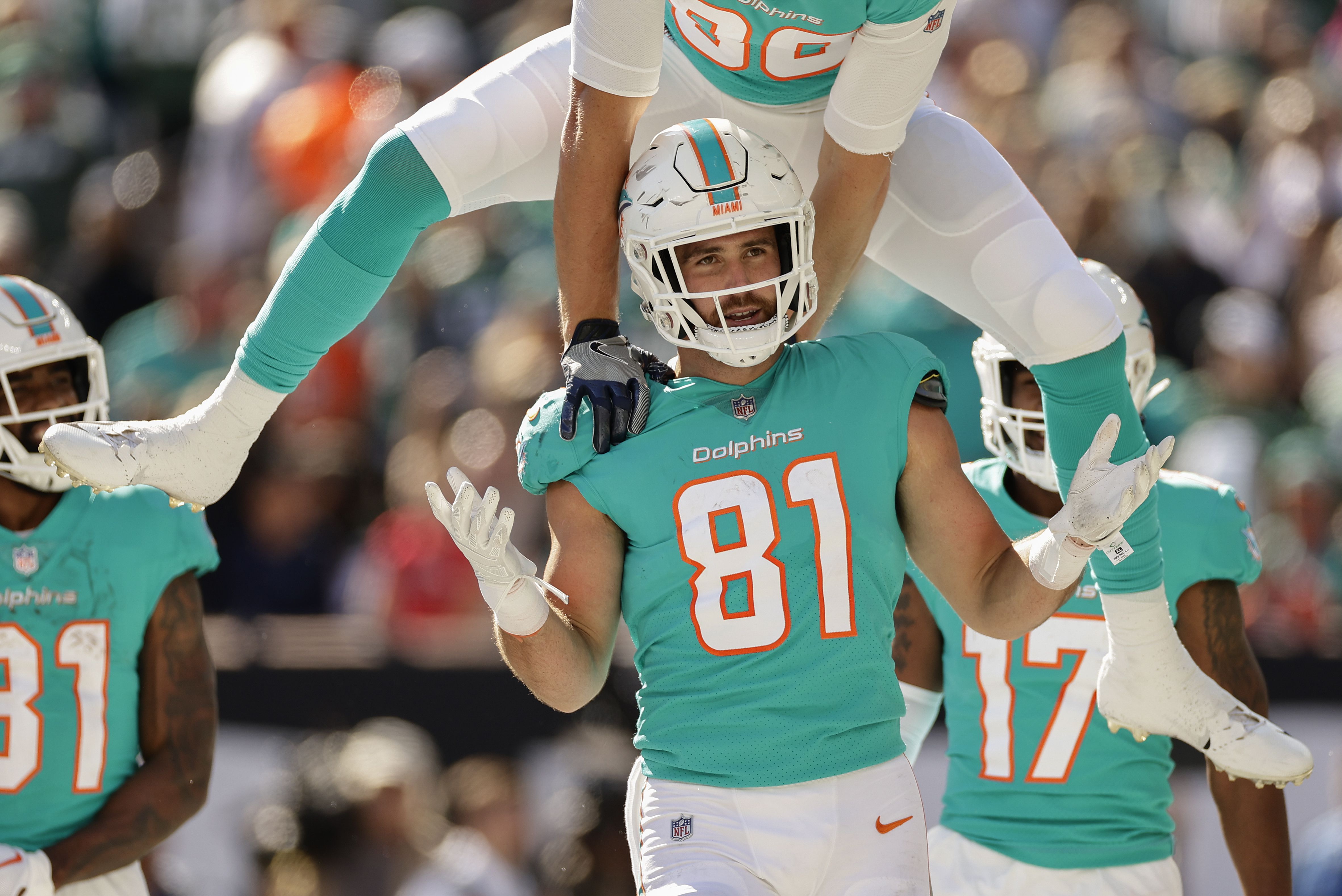 Miami Dolphins tight end Durham Smythe (81) walks on the field