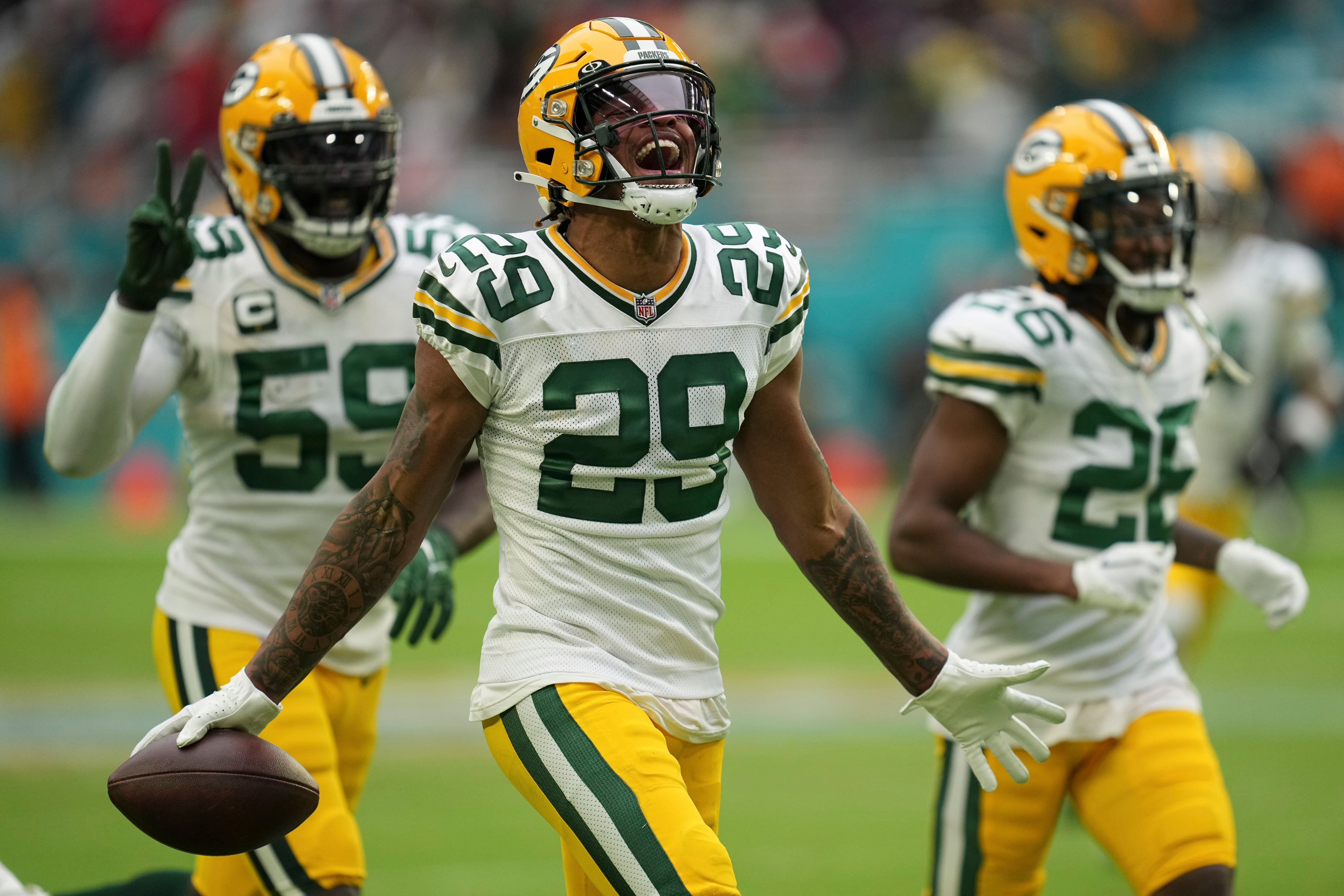 Green Bay Packers wide receiver Allen Lazard celebrates a fourth