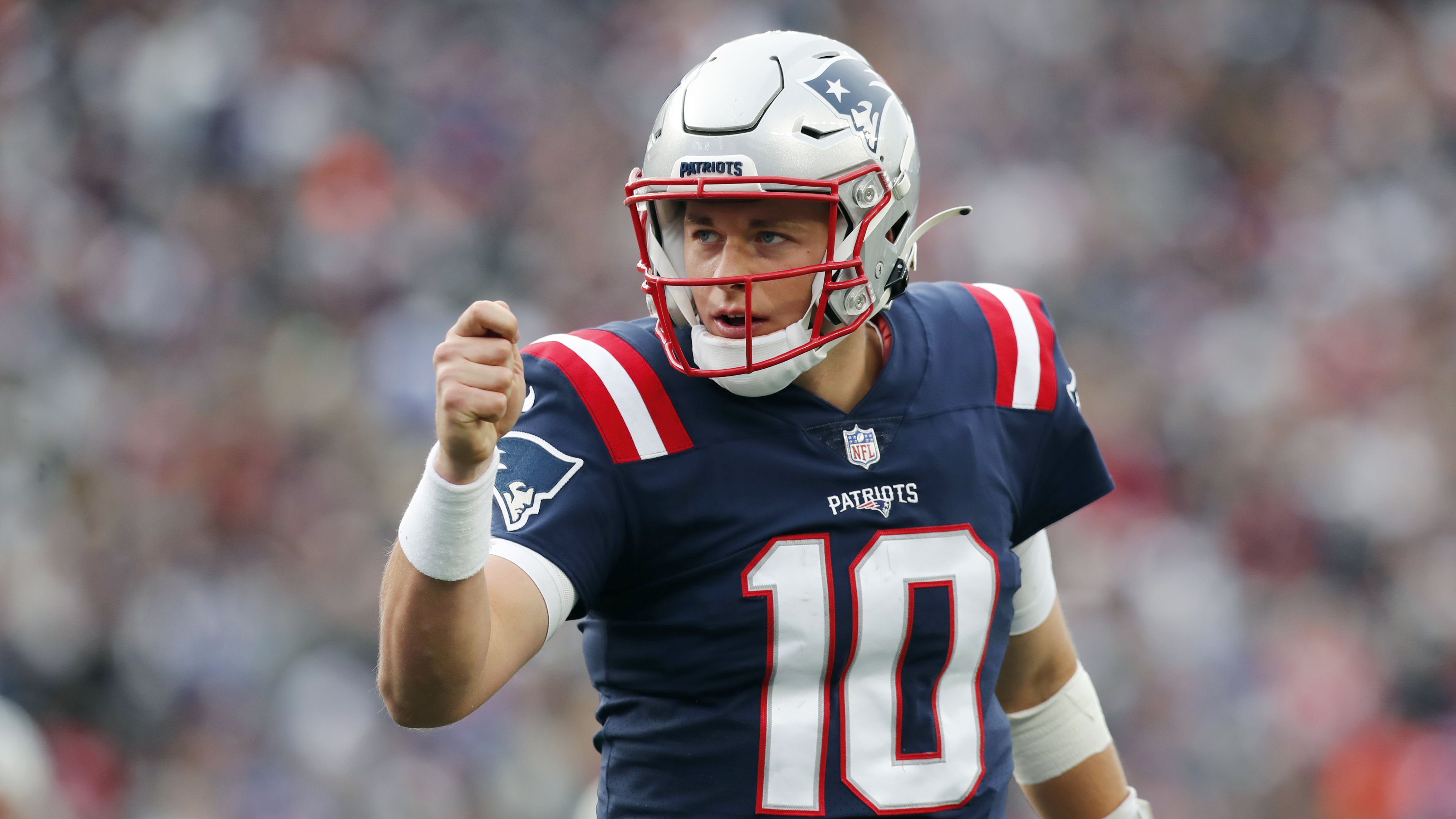 New England Patriots quarterback Mac Jones (10) drops back to make a pass  during the first half of an NFL football game against the Tampa Bay  Buccaneers, Sunday, Oct. 3, 2021, in