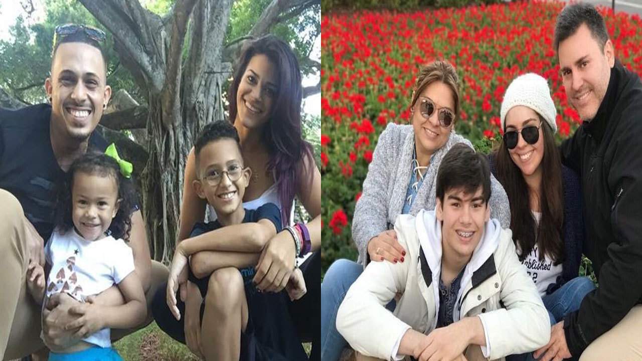 LEFT: Emmanuel Ortiz-Nazario, 30, his wife and their two children, 10 and 4. RIGHT: Claudia Sofía Báez Solá and her family in Puerto Rico.