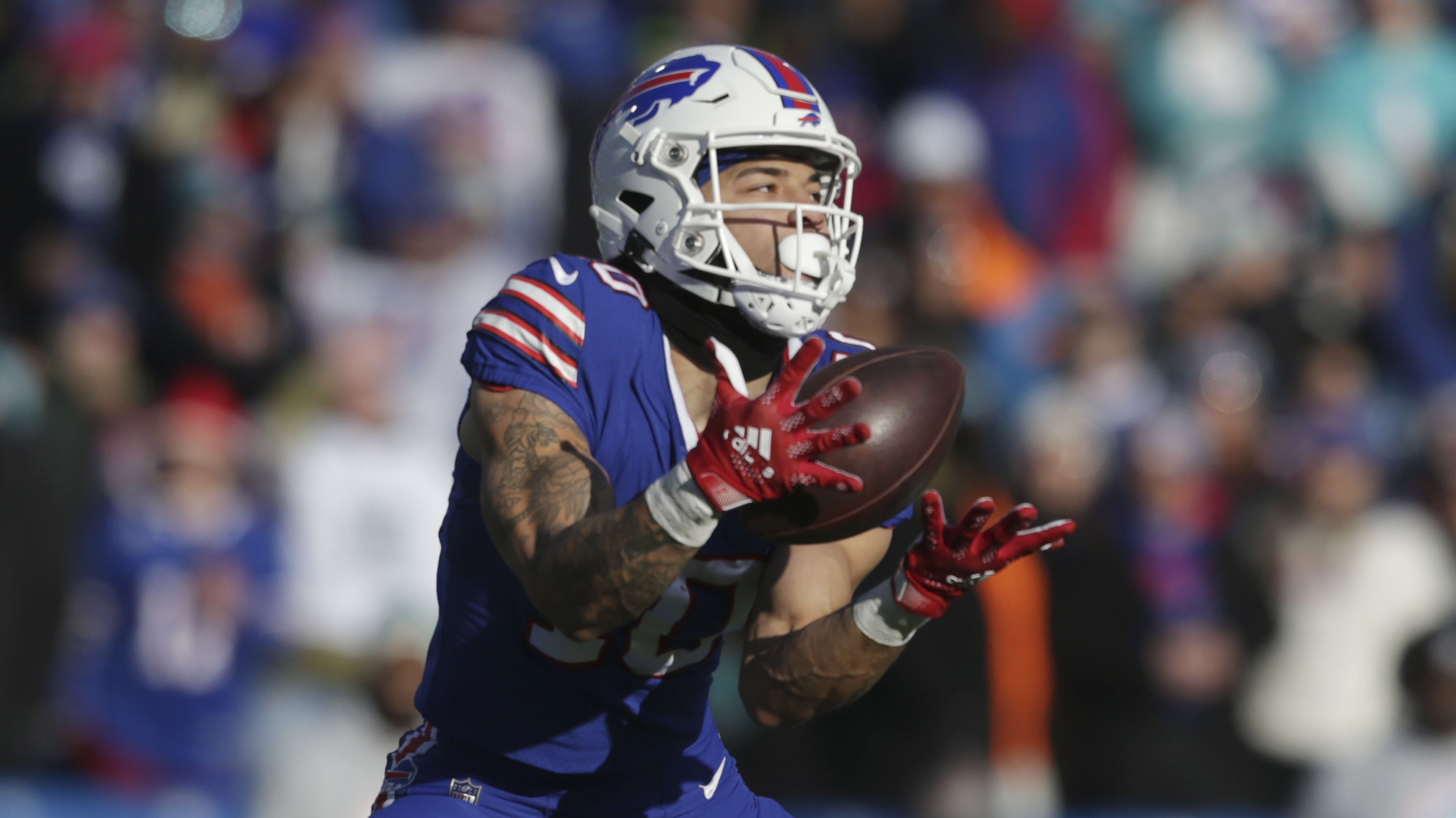 Buffalo Bills wide receiver Gabriel Davis (13) celebrates after scoring a  touchdown during the second half of an NFL wild-card playoff football game  against the New England Patriots, Saturday, Jan. 15, 2022