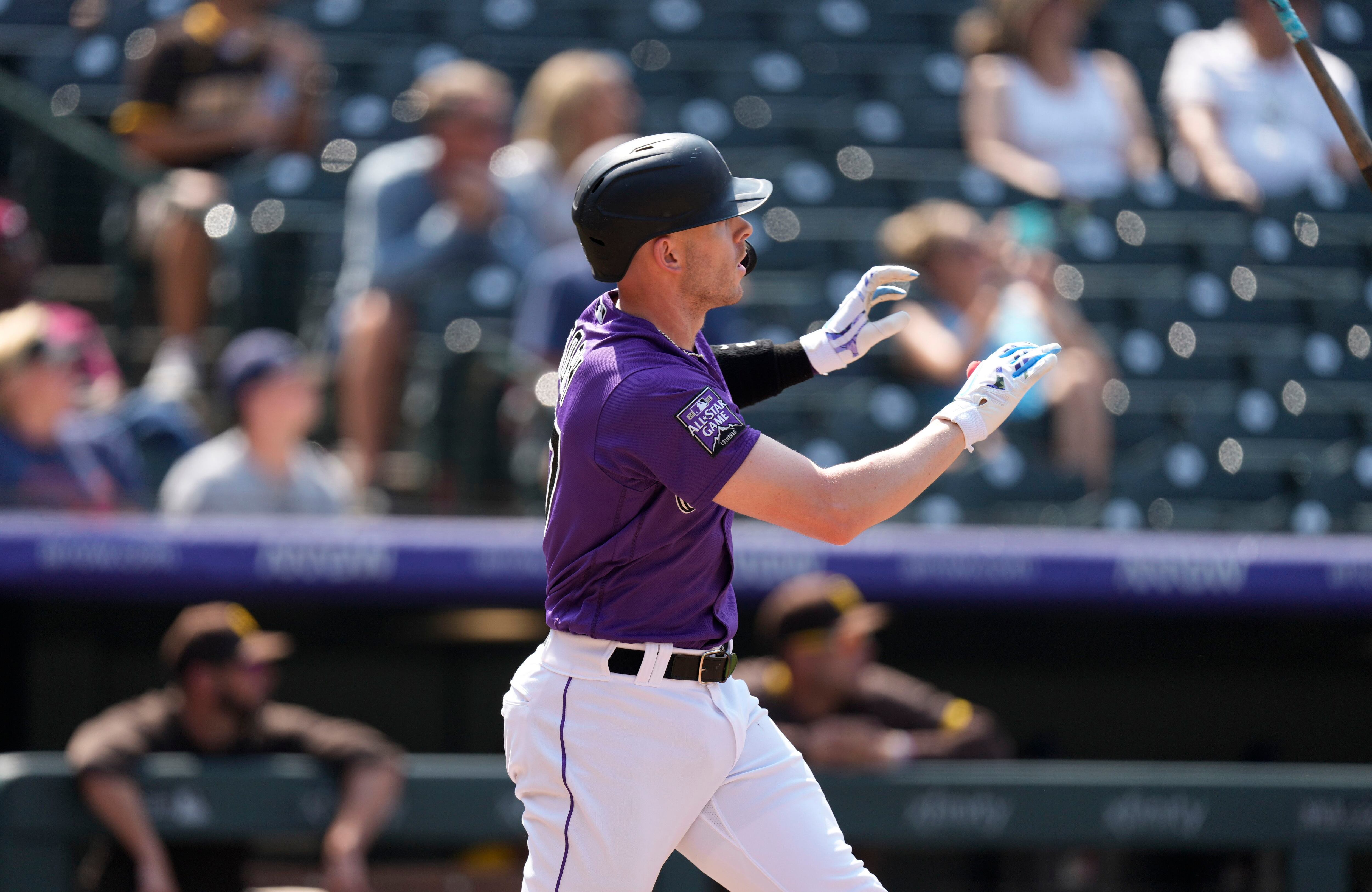 August 3 2021: Colorado Rockies outfielder Connor Joe (9) before the game  with the Chicago Cubs