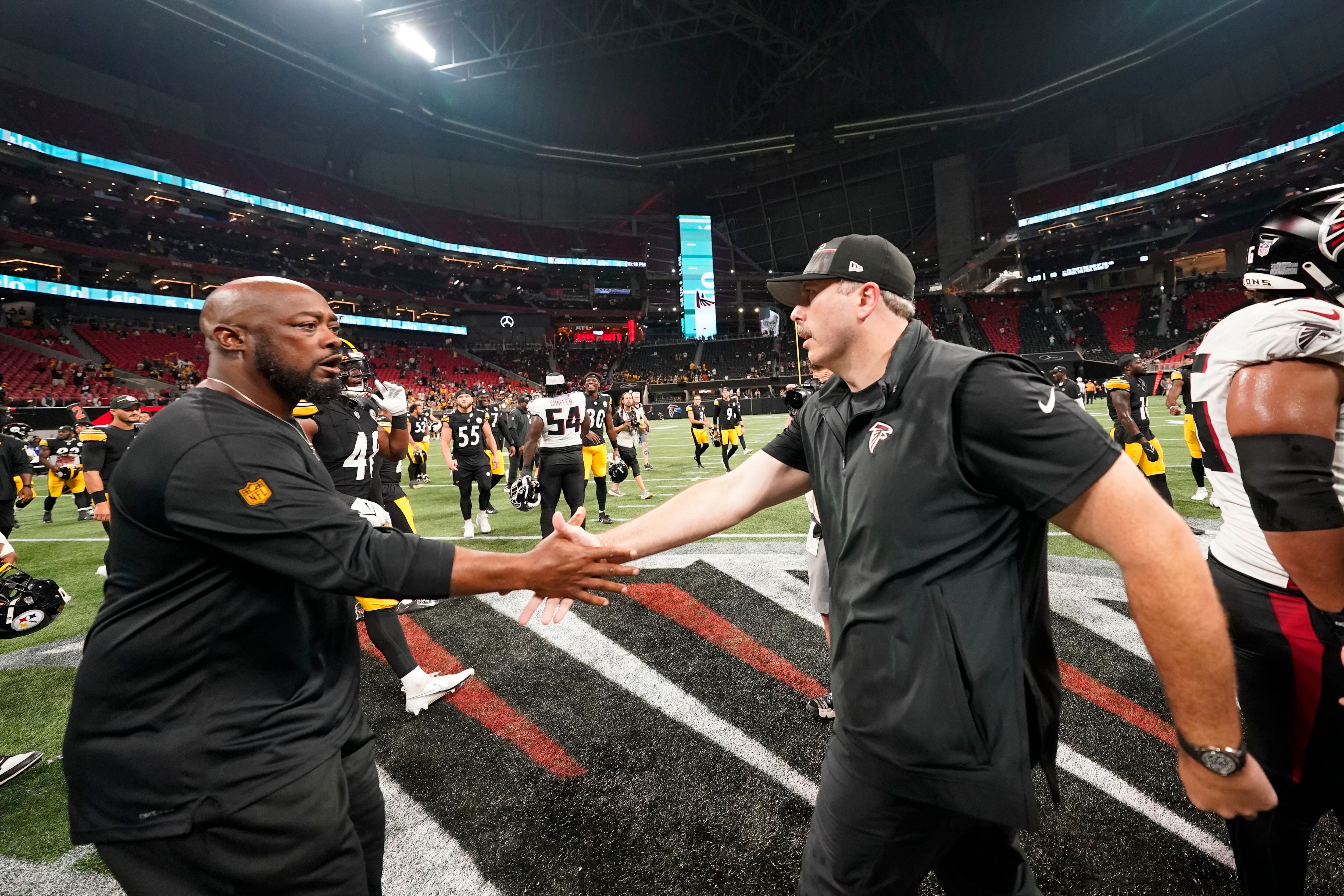 Atlanta Falcons quarterback Taylor Heinicke gets up after being sacked by  the Pittsburgh Steelers during the first half of a preseason NFL football  game Thursday, Aug. 24, 2023, in Atlanta. (AP Photo/Gerald