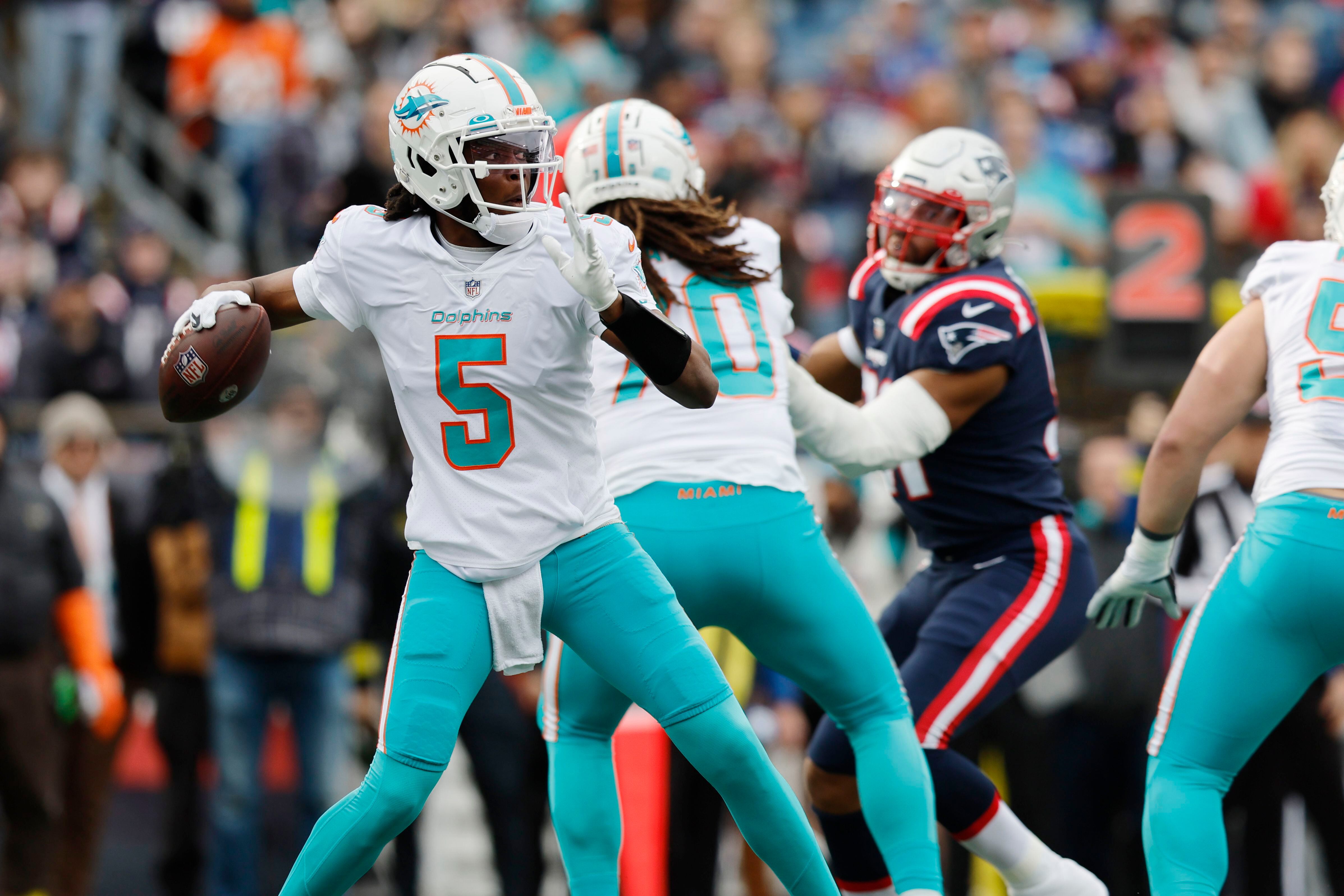 Miami Dolphins quarterback Teddy Bridgewater (5) drops back to